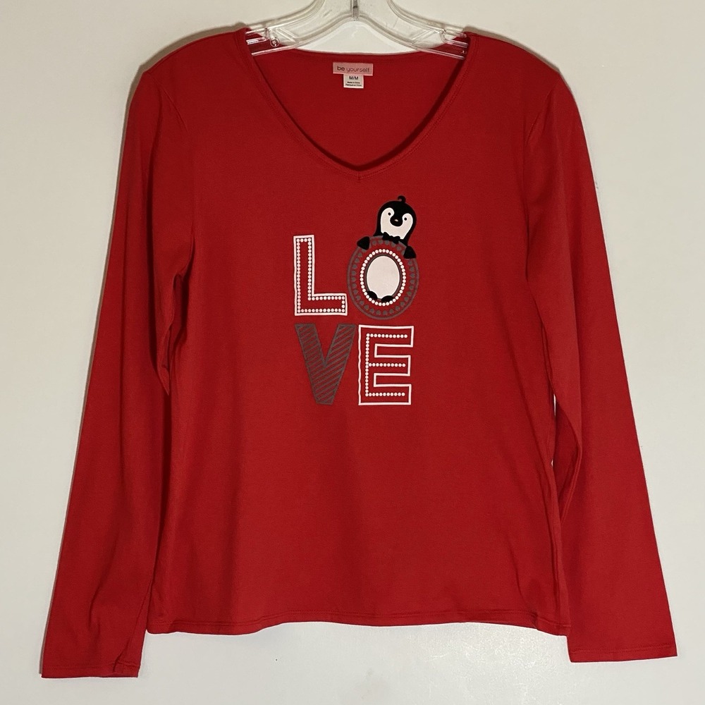 Be Yourself Top‎ Womens Medium Red Love Penguin Graphic Long Sleeve Valentines M